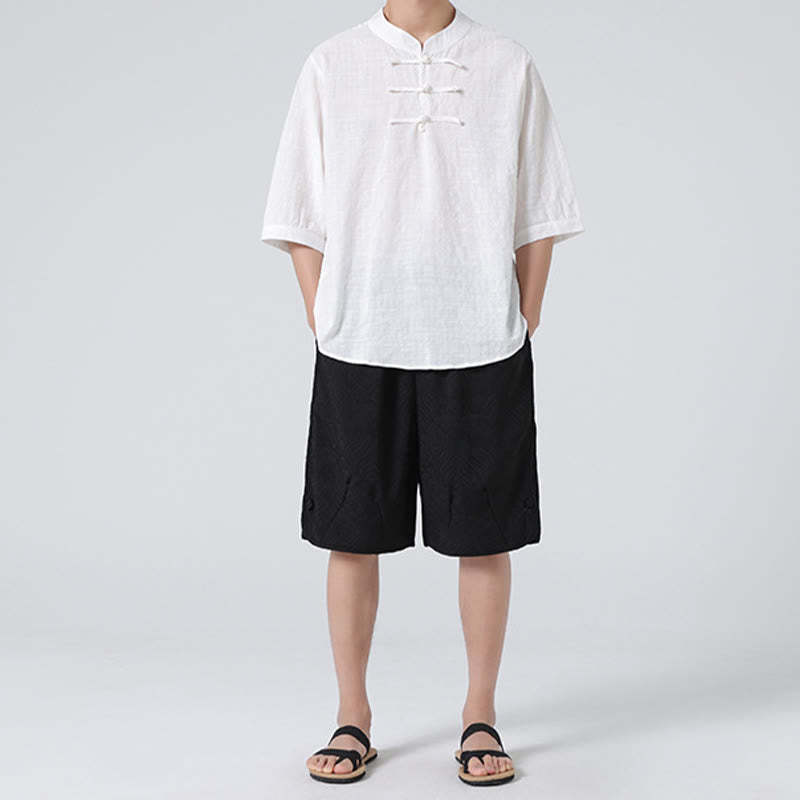 Frog-Button Plaid Pattern Chinese Tang Suit Half Sleeve Shirt Cotton Linen Men Clothing