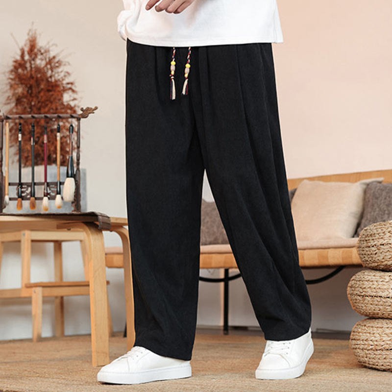 Fall Winter Men's Drawstring Corduroy Solid Pants With Pockets