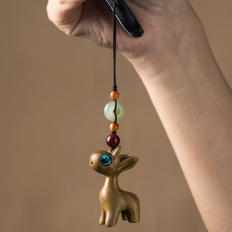 Green Sandalwood Ebony Wood Mini Deer Positive Peace Buckle Key Chain Phone Hanging Decoration