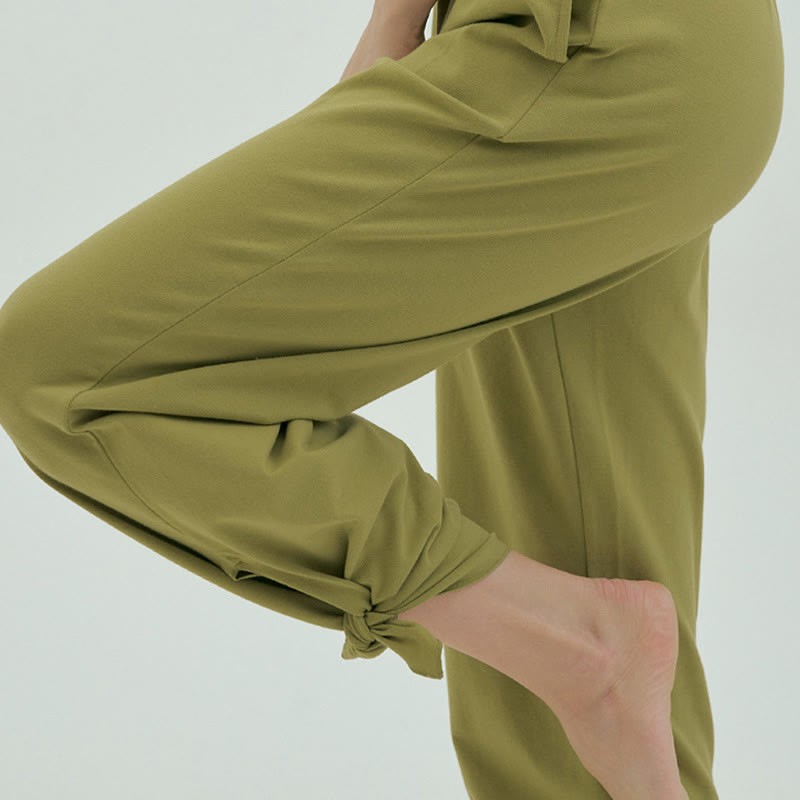 Casual Loose Tie-down Hem Plain High Waist Women's Leica Pants With Pockets