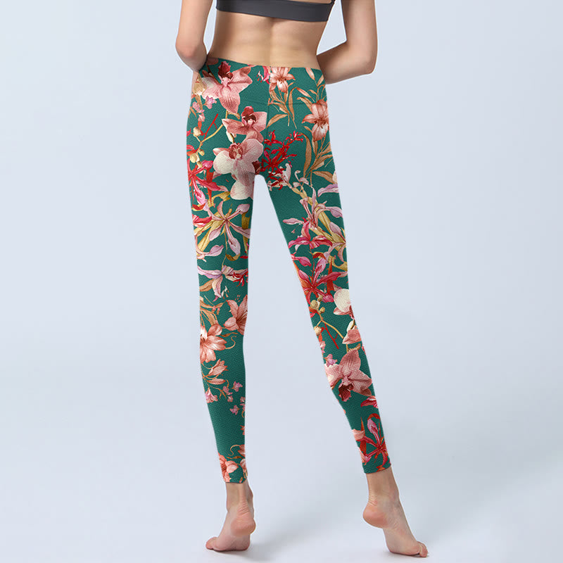 Green Pink Flowers Print Gym Fitness Leggings Women's Yoga Pants