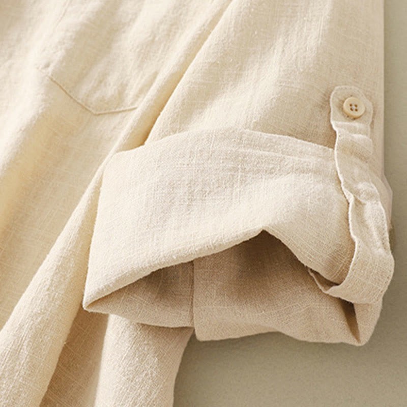 Casual Women's Loose Standing Collar Long Sleeve Design Plain Cotton Linen Shirt