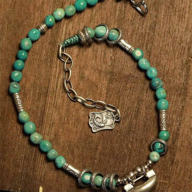 925 Sterling Silver Turquoise Small Beads Chinese Lock Charm Strength Anklet