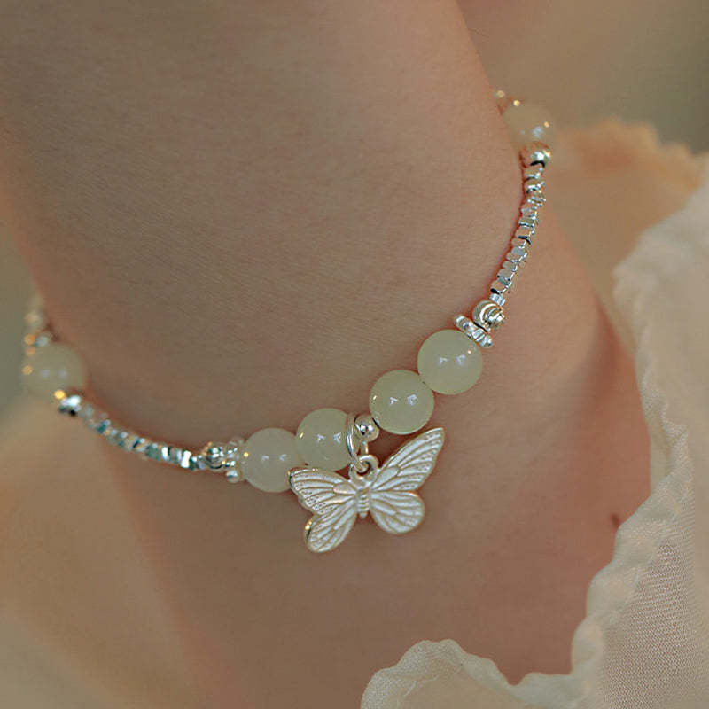925 Sterling Silver Natural Hetian Jade Luck Butterfly Charm Bracelet