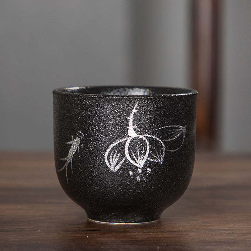 Hand Painted Lotus Flower Bamboo Chrysanthemum Black Pottery Ceramic Teacup Kung Fu Tea Cup 95ml