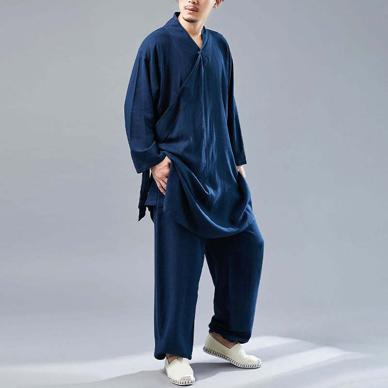 2Pcs V-Neck Men's Long Sleeve Shirt Top Pants Meditation Zen Tai Chi Cotton Linen Clothing Set