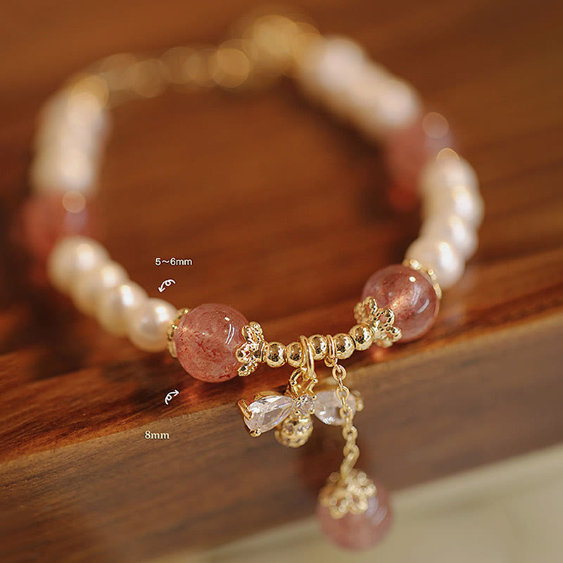 Natural Pearl Strawberry Quartz Healing Cute Honey Bee Charm Bracelet