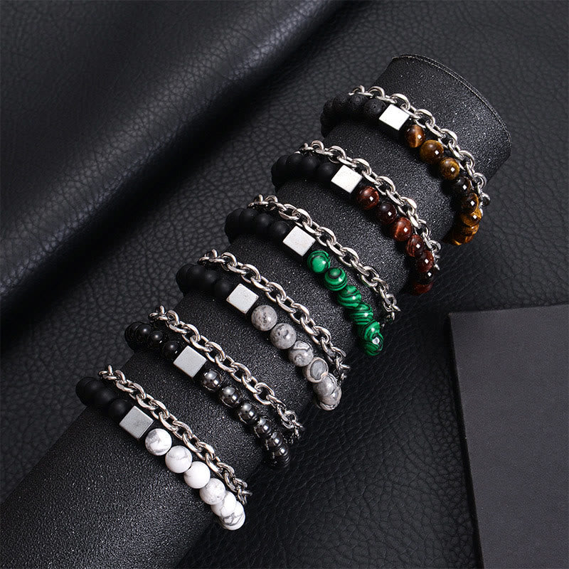 Colorful Tiger Eye Frosted Stone Black Magnetite Titanium Steel Double Wrap Protection Bracelet