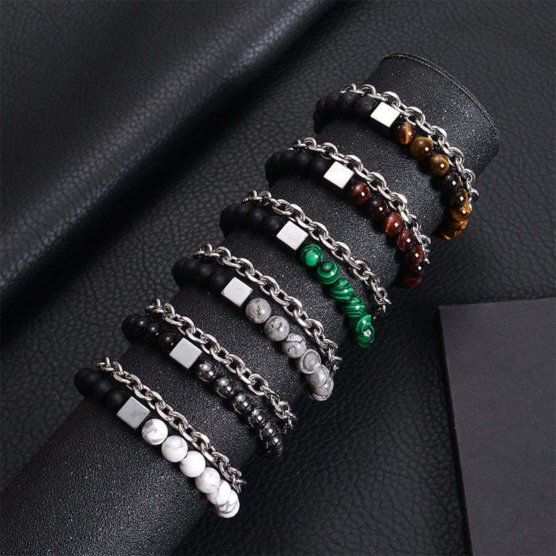 Colorful Tiger Eye Frosted Stone Black Magnetite Titanium Steel Double Wrap Protection Bracelet