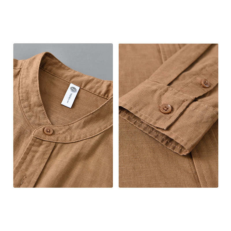 Men's Long Sleeve Stand Collar With Pocket Pure Color Casual Cotton Linen Shirt