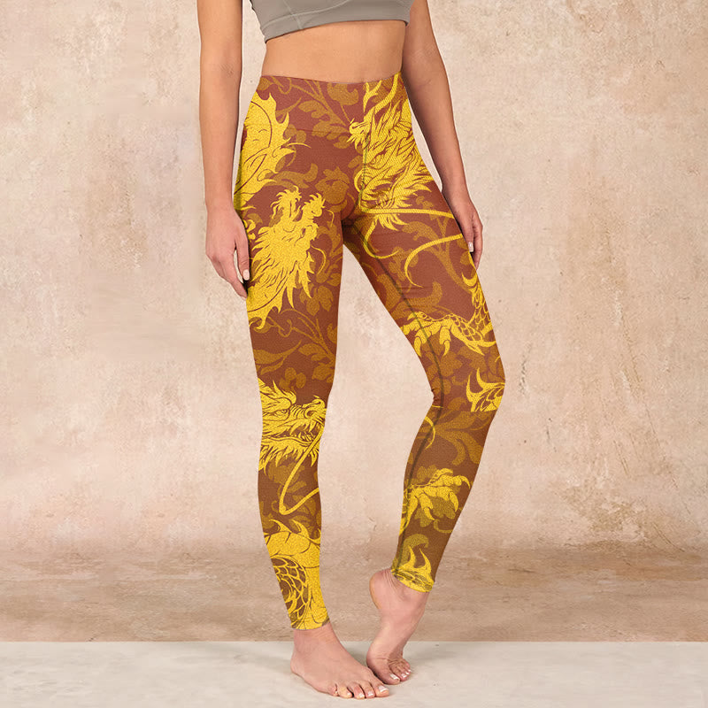 Golden Dragon Flowers Print Gym Leggings Women's Yoga Pants