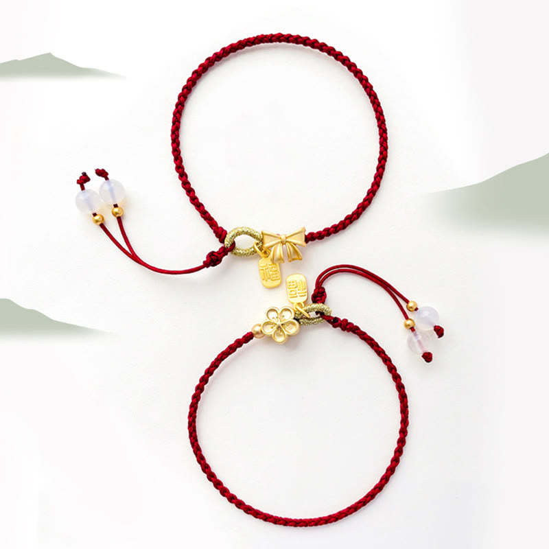 Handmade Peach Blossom Rosette Bow Knot Fu Character Charm Luck Fortune Red Rope Bracelet
