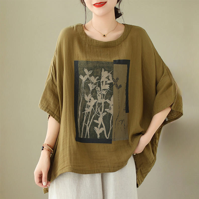 Casual Flower Prints Women's Crew Neck Design Half Sleeve Cotton Spandex T-shirt