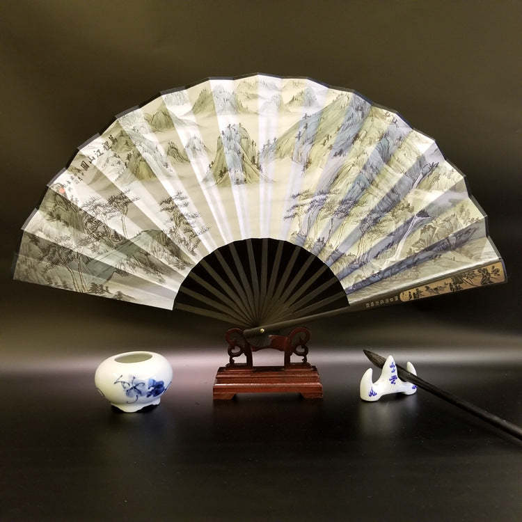 Great Wall Mountains Trees Crane Bamboo Handheld Bamboo Folding Fan 33.5cm