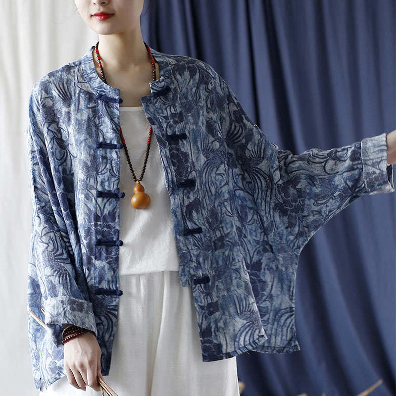 Retro Blue White Flowers Frog-Button Design Long Sleeve Ramie Linen Jacket Shirt