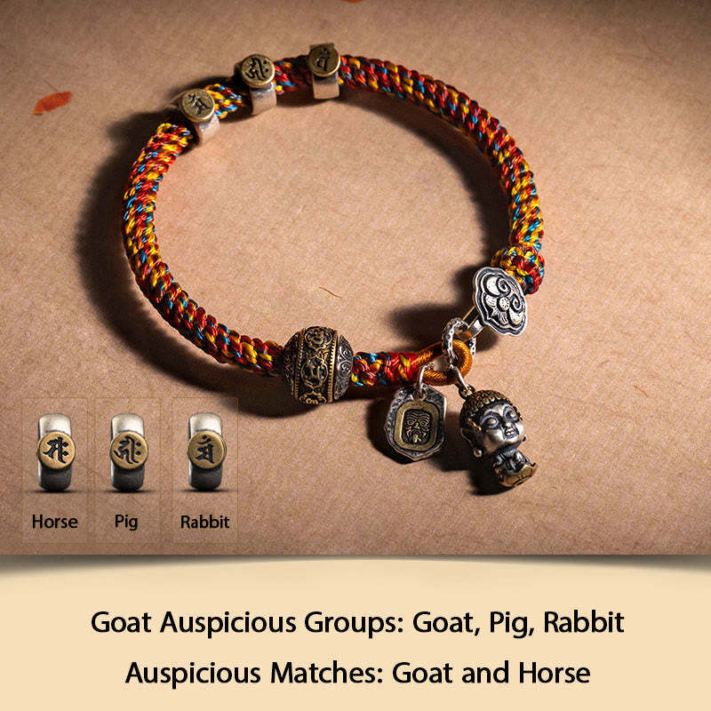 Handmade Tibetan 925 Sterling Silver Chinese Zodiac Natal mystic zen Zakiram Goddess of Wealth Protection Multicolored Rope Braided Bracelet