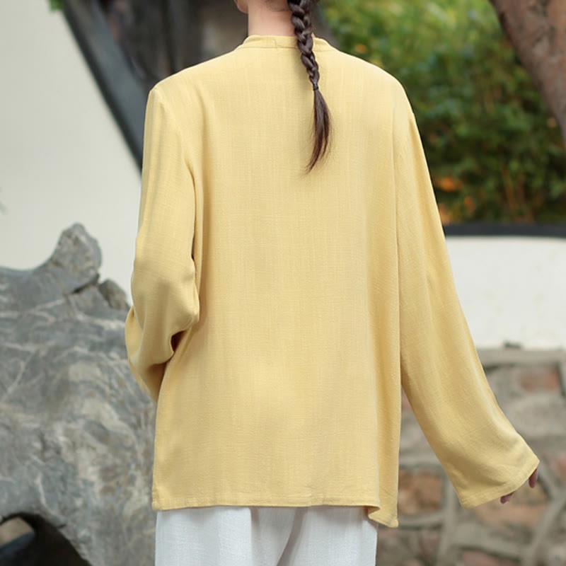 Solid Color Frog-button Long Sleeve Cotton Linen Women's Shirts With Pockets