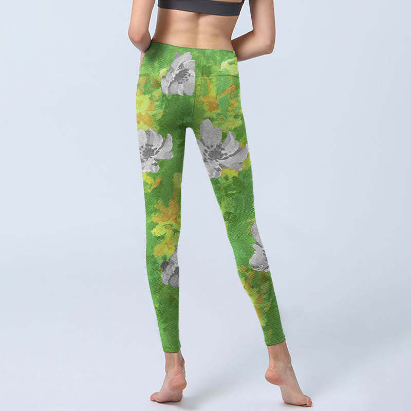 Yellow-green Gray Flowers Print Sports Fitness Leggings Women's Yoga Pants