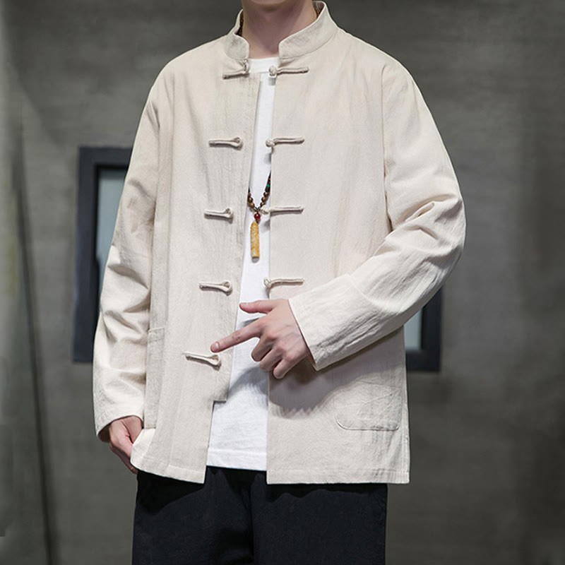 Solid Color Frog-button Tang Suit Cotton Linen Men's Jacket Shirt With Pockets