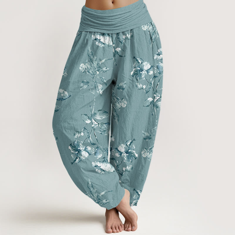 Rose Flowers Pattern Women's Elastic Waist Harem Pants