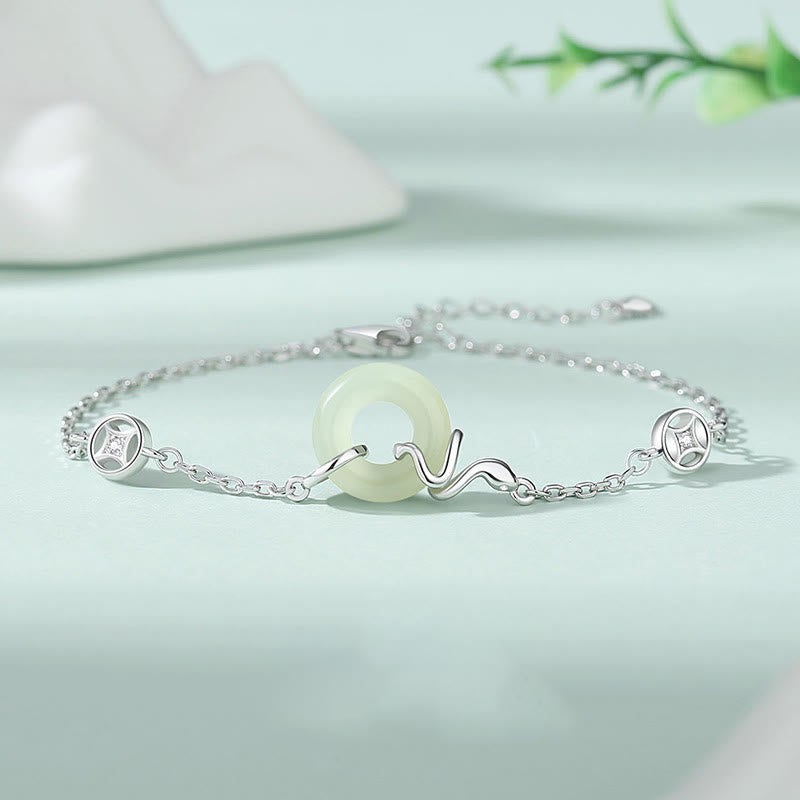 925 Sterling Silver Hetian Jade Peace Buckle Year Of The Snake Luck Bracelet