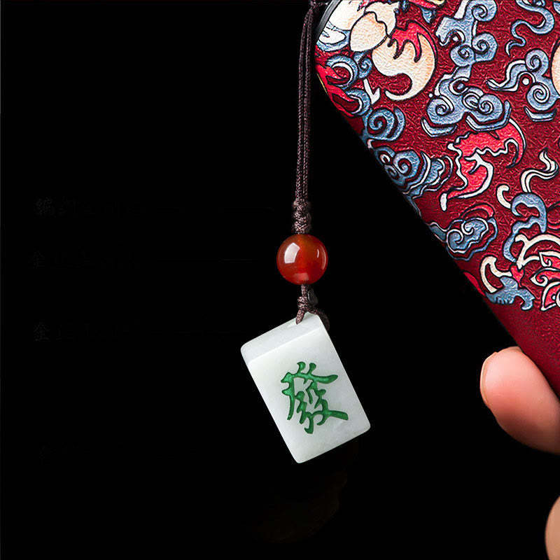Natural Jade Mahjong Fa Character Wealth Prosperity Phone Hanging Key Chain Decoration
