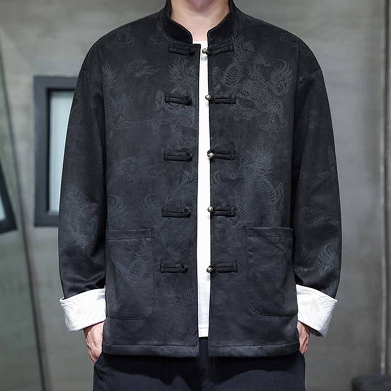 Chinese New Year Kirin Print Frog-button Tang Suit Men's Jacket Shirt With Pockets