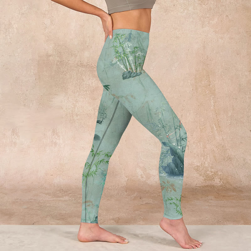 Green Bamboo Rocks Print Sports Fitness Leggings Women's Yoga Pants