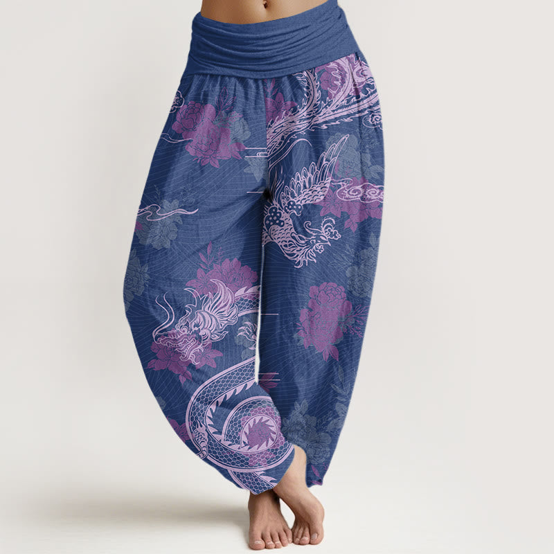 Dragons Roses Auspicious Clouds Phoenix Women's Elastic Waist Harem Pants