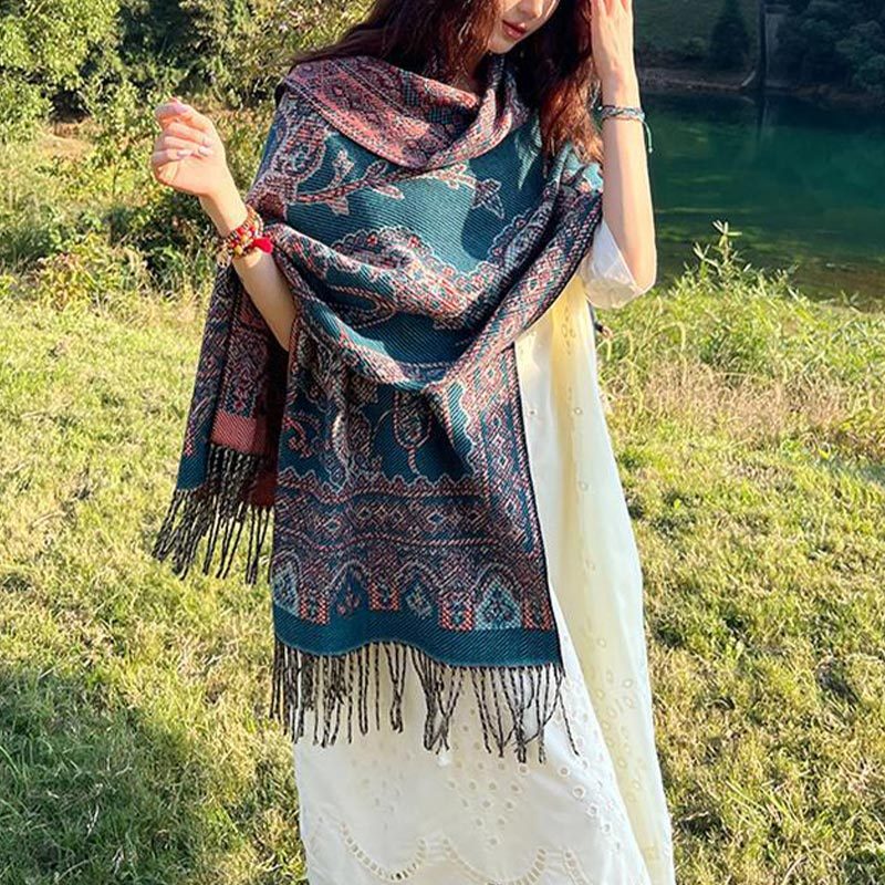 Vintage Tibetan Leaves Pattern Design Shawl Cozy Travel Scarf Wrap