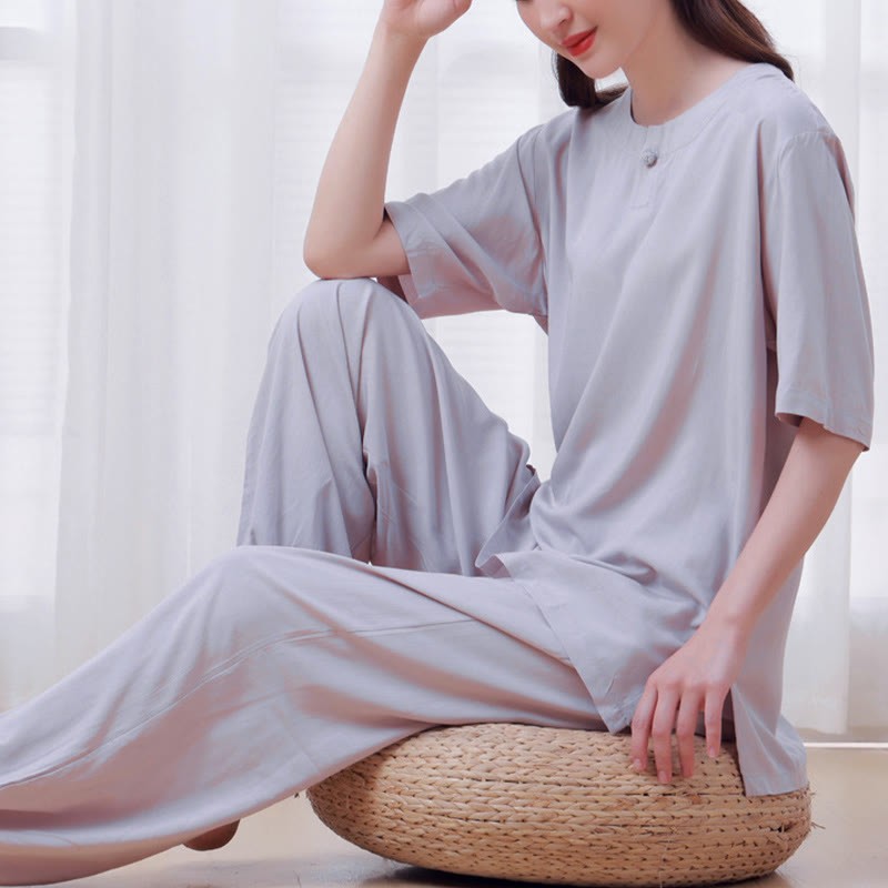 2Pcs Half Sleeve T-Shirt Pants Meditation Zen Tai Chi Cotton Linen Clothing Unisex Set