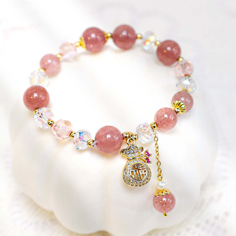 Love Healing Natural Strawberry Quartz Crystal Money Bag Charm Positive Bracelet