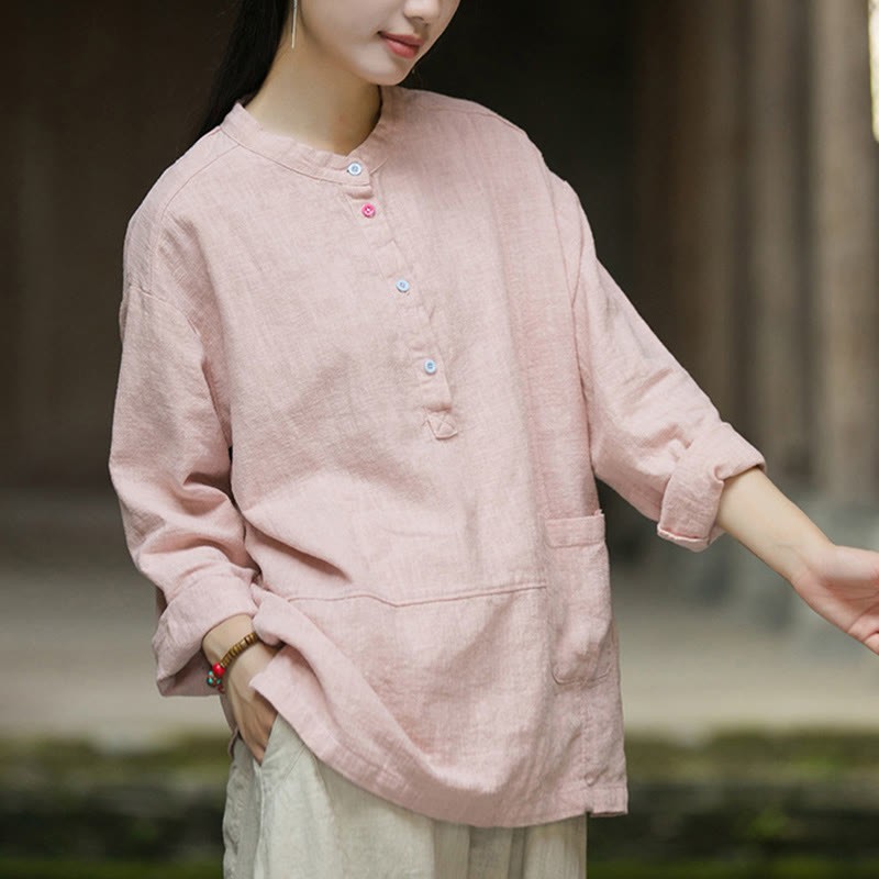 Solid Color Long Sleeve Ramie Linen Half Button Women's Shirt