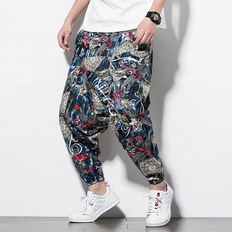 Red Dragonfly Dandelion Print Cotton Men's Harem Pants With Pockets
