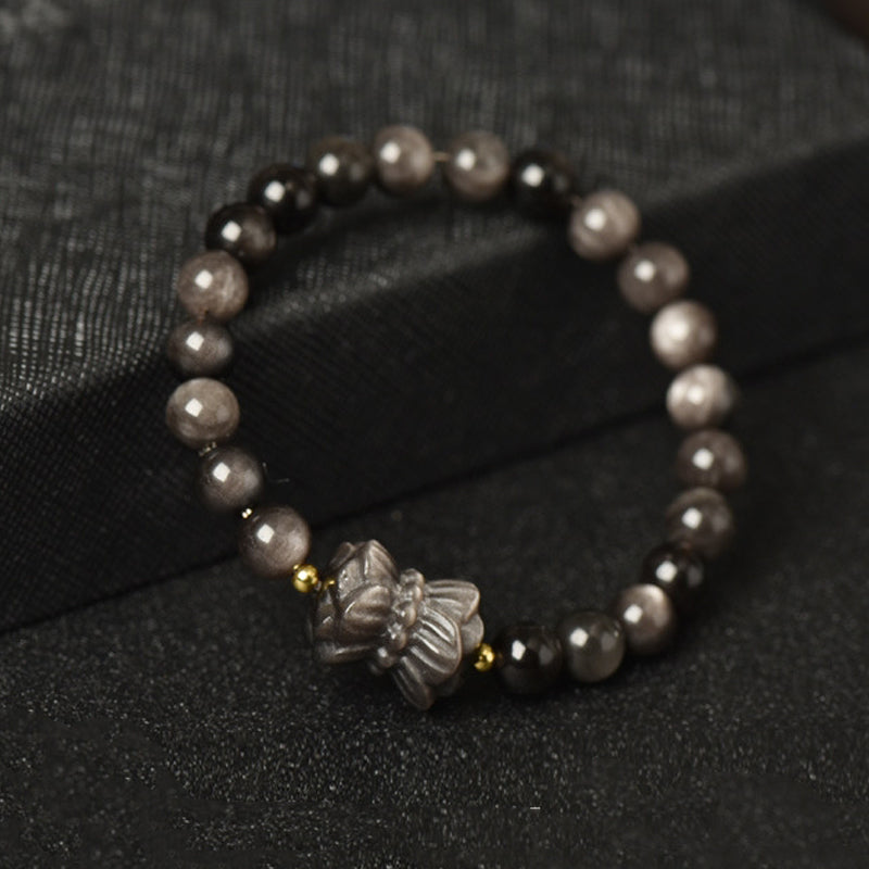 Silver Sheen Obsidian Lotus Flower Nine Tailed Fox Laughing mystic zen Protection Bracelet