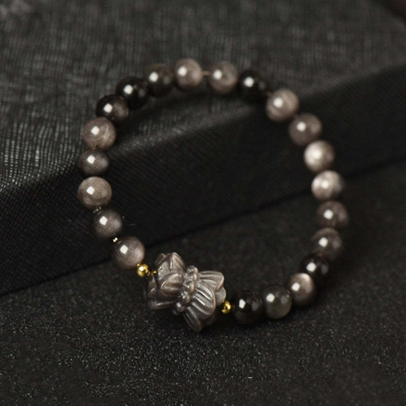 Silver Sheen Obsidian Lotus Flower Nine Tailed Fox Laughing mystic zen Protection Bracelet