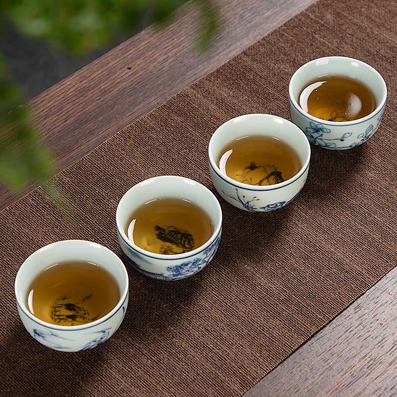 Blue Landscape Mountains Lotus Cute Cat Pavilions Magnolia Reed Egrets Ceramic Teacup Small Kung Fu Tea Cup