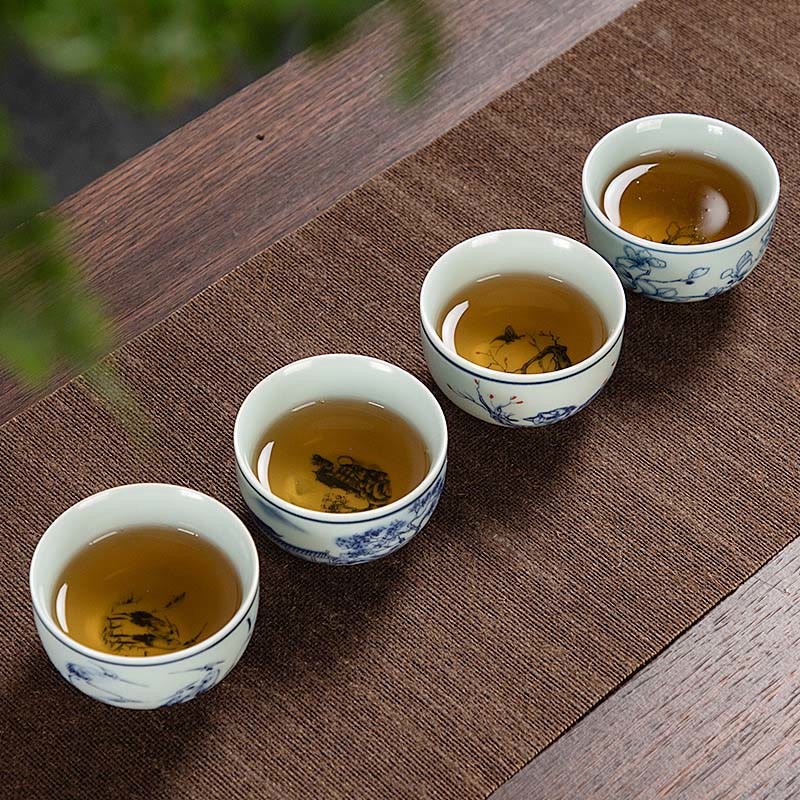 Blue Landscape Mountains Lotus Cute Cat Pavilions Magnolia Reed Egrets Ceramic Teacup Small Kung Fu Tea Cup