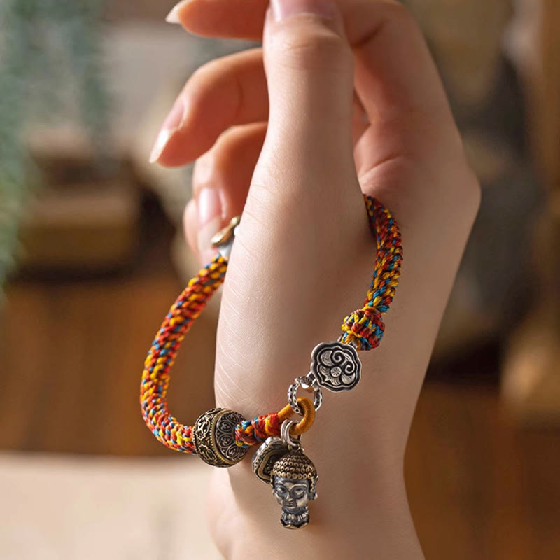Handmade Tibetan 925 Sterling Silver Chinese Zodiac Natal mystic zen Zakiram Goddess of Wealth Protection Multicolored Rope Braided Bracelet