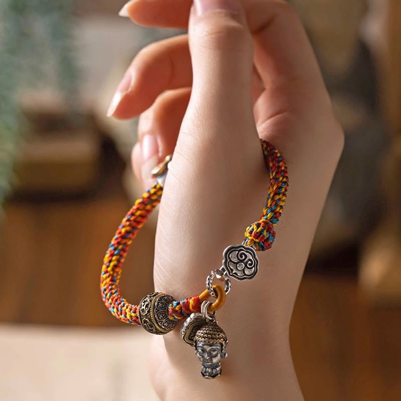 Handmade Tibetan 925 Sterling Silver Chinese Zodiac Natal mystic zen Zakiram Goddess of Wealth Protection Multicolored Rope Braided Bracelet