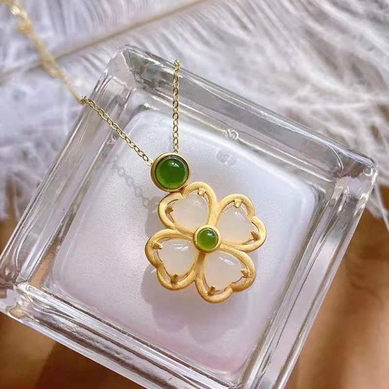 925 Sterling Silver Lucky Four Leaf Clover Jade Prosperity Necklace Chain Pendant