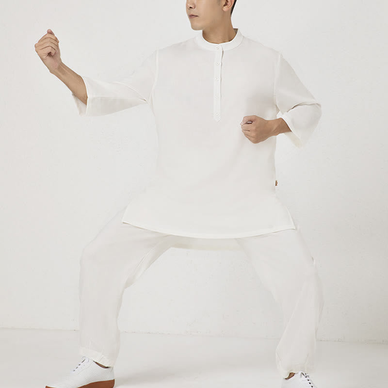 2Pcs Buttons Men's Three Quarter Sleeve Shirt Top Pants Meditation Zen Tai Chi Cotton Linen Clothing Set