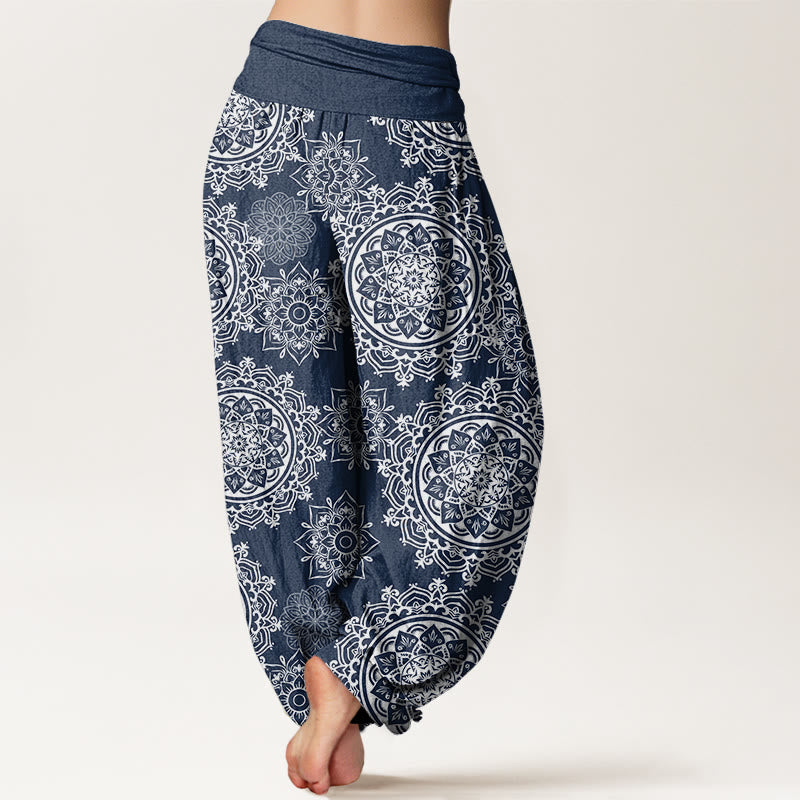 Casual White Mandala Flower Design Women's Elastic Waist Harem Pants