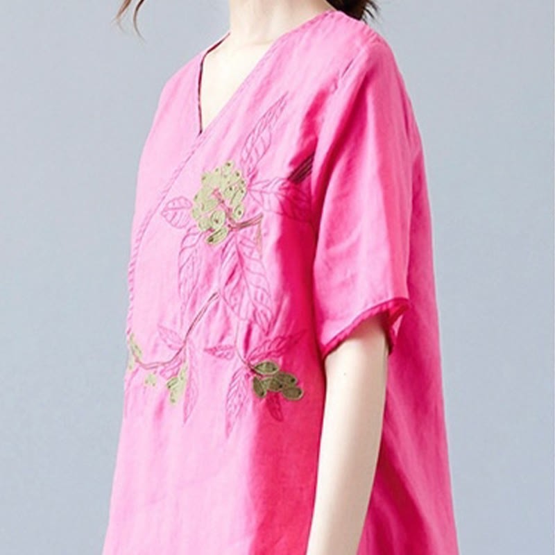 Summer Casual Ethnic Embroidery Flower Lace-up Short Sleeve V-neck Cotton Linen Women's T-Shirt