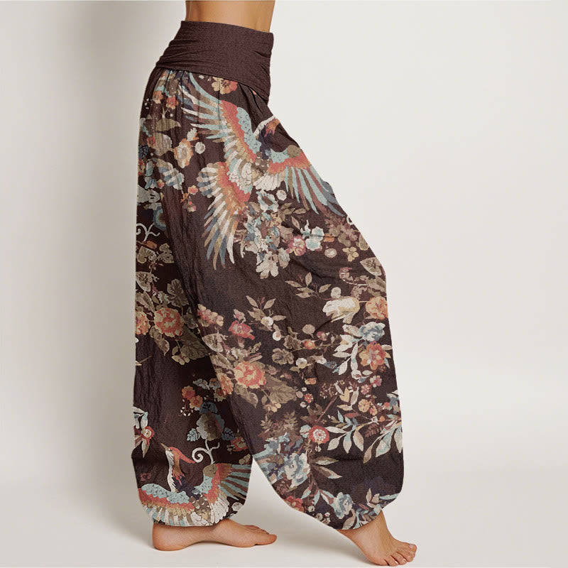 Colorful Flowers Birds Leaves Pattern Women's Elastic Waist Harem Pants