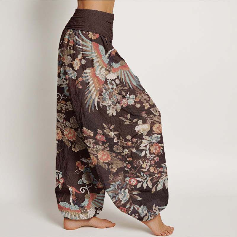 Colorful Flowers Birds Leaves Pattern Women's Elastic Waist Harem Pants