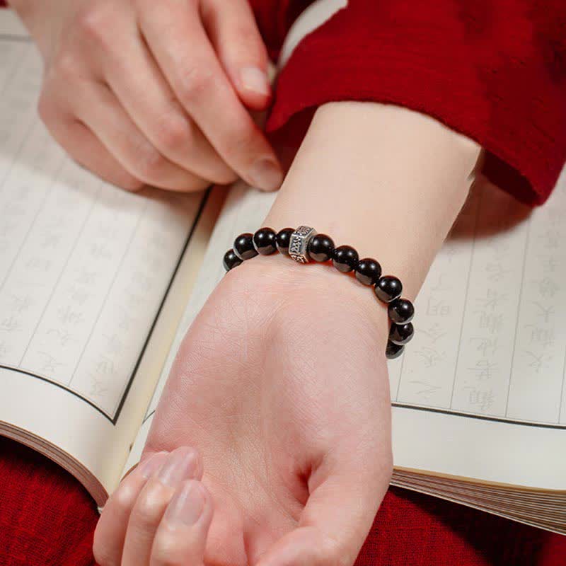 Chinese Zodiac Natal mystic zen 925 Sterling Silver Black Obsidian Moonstone Strength Bracelet