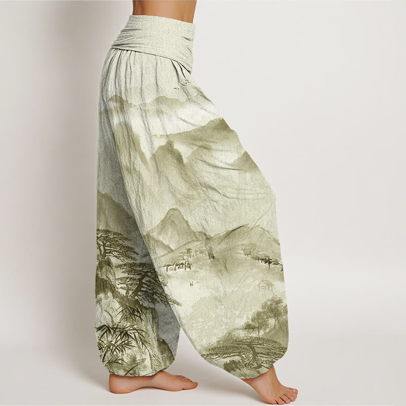 Mountains Trees Landscape Ink Painting Women's Elastic Waist Harem Pants