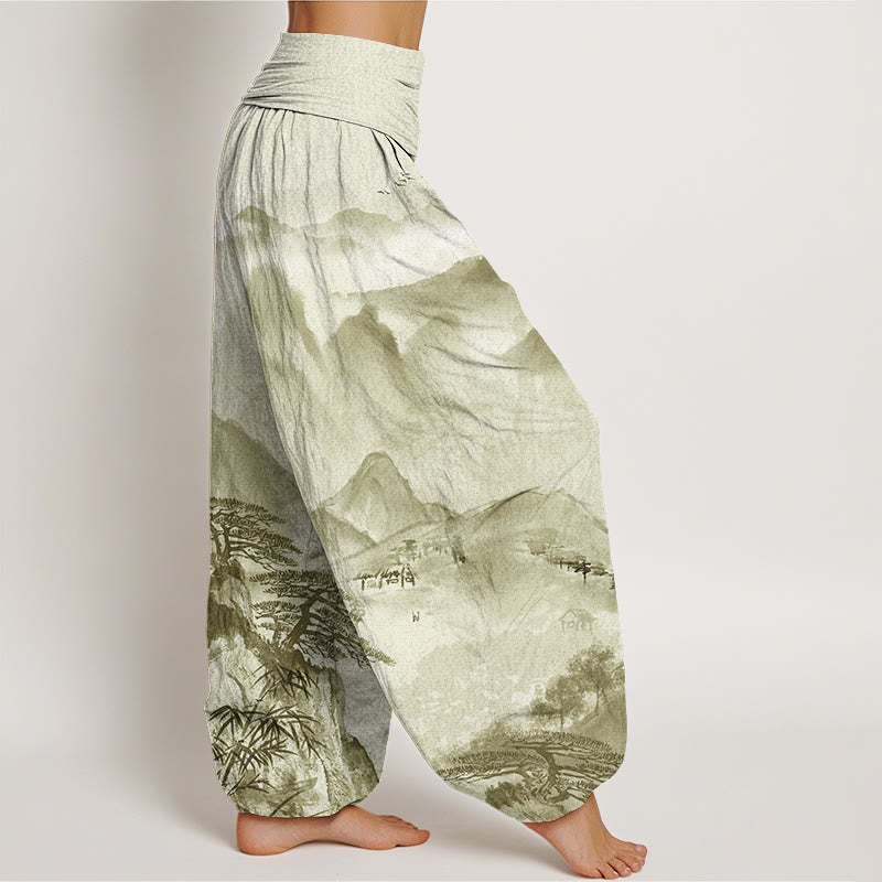 Mountains Trees Landscape Ink Painting Women's Elastic Waist Harem Pants