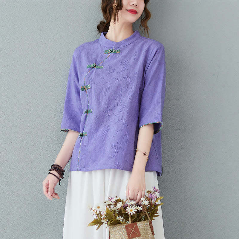 Floral Pattern Frog-Button Half Sleeve Cotton Linen Shirt
